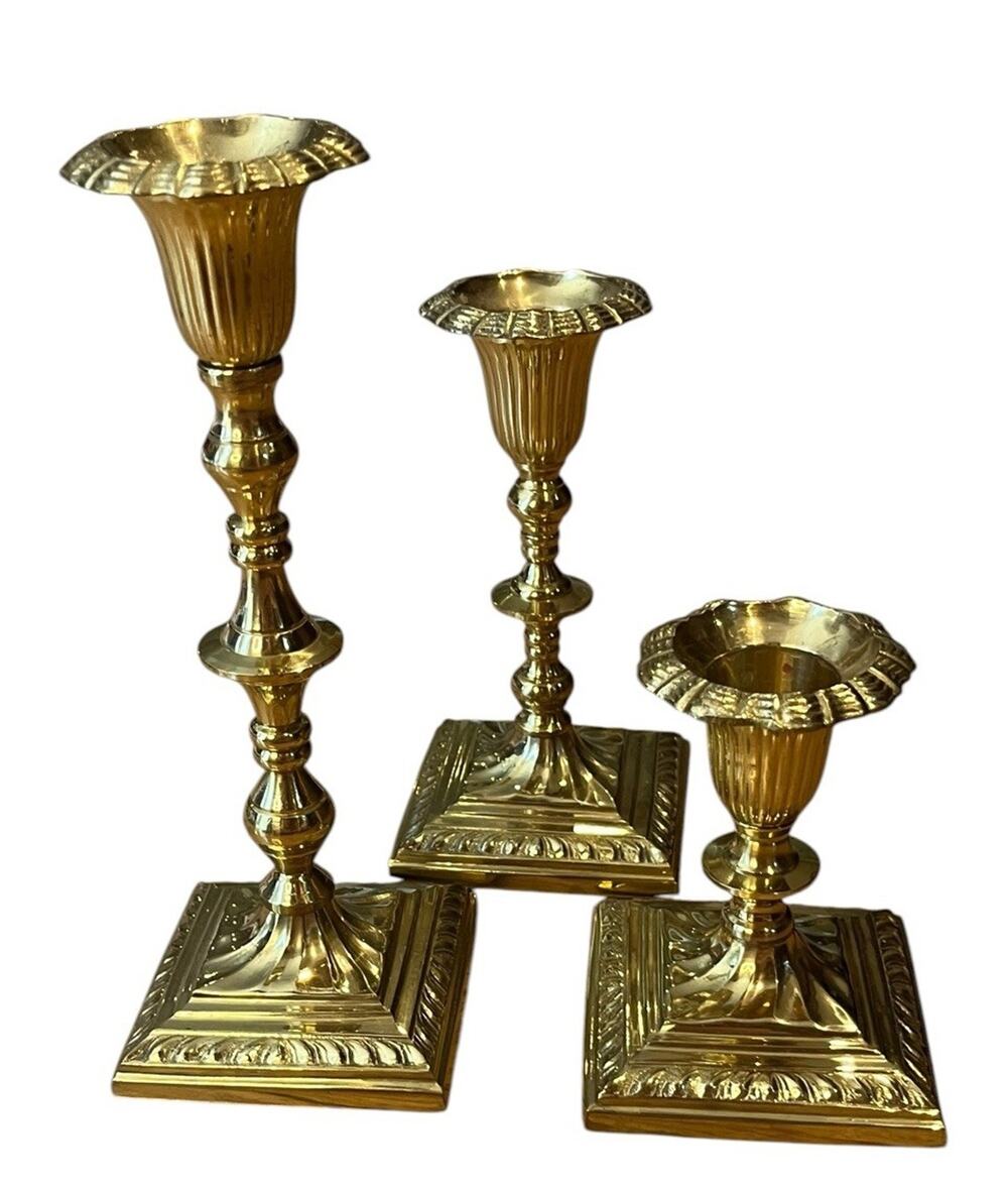 3 Hosley Solid Brass Graduated Candlesticks Lots Of Detail 7.25”, 5.5”, 3.75”